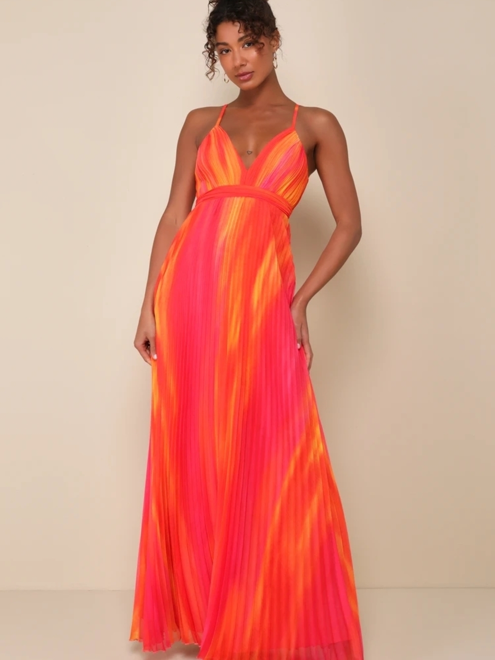 Lulu's Pink and Orange Pleated Spaghetti-Strap Maxi Dress